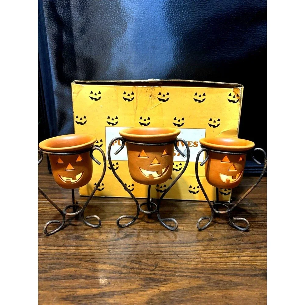 Vintage Terra-Cotta Jack-O'-Lantern Votive Candle Holders Set Of 3, Metal Stands